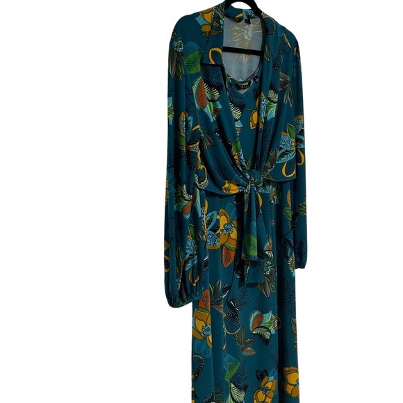 Floral Teal Two-Piece Dress with Long Sleeve Top By Iman Size L #D-6-6-0 - Picture 2 of 15